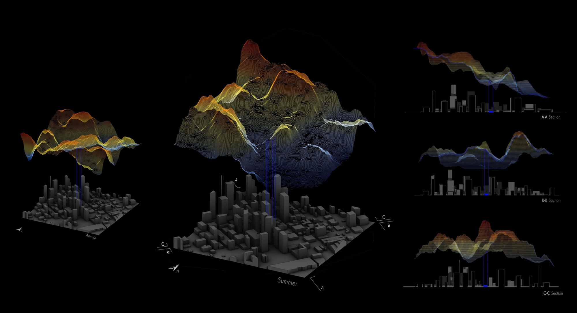 3D aerial view of the city with overlaying gradient for surface heat temperature. 
