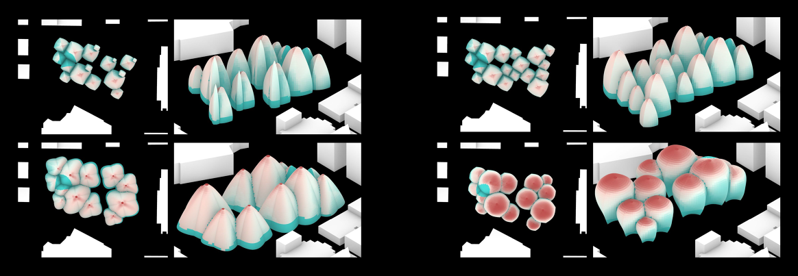 Plan and Axonometric view for heat distribution on four types of aggregations.