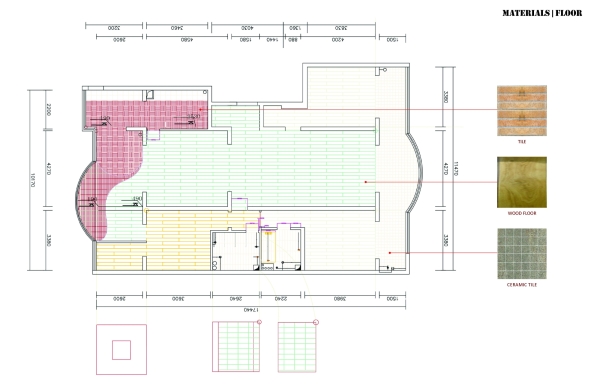 Detailed plan drawing showing the room sizes and floor finishes. 