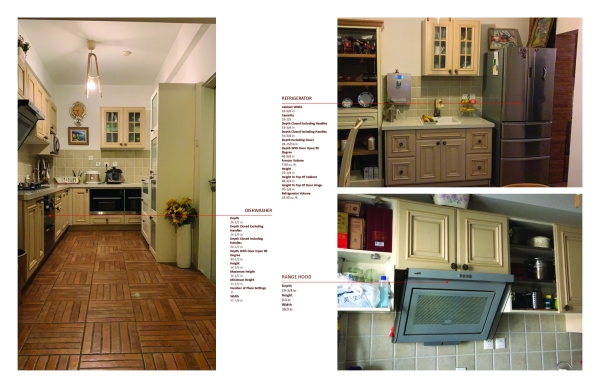 Photographs pointing to the appliances in the kitchen. 