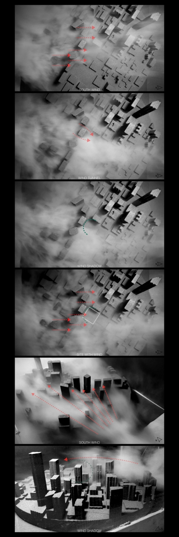 Images of air flow pattern study, using dry ice fog in the physical model.
