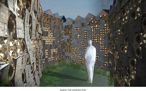 View of a human in the garden space between the data pods. 